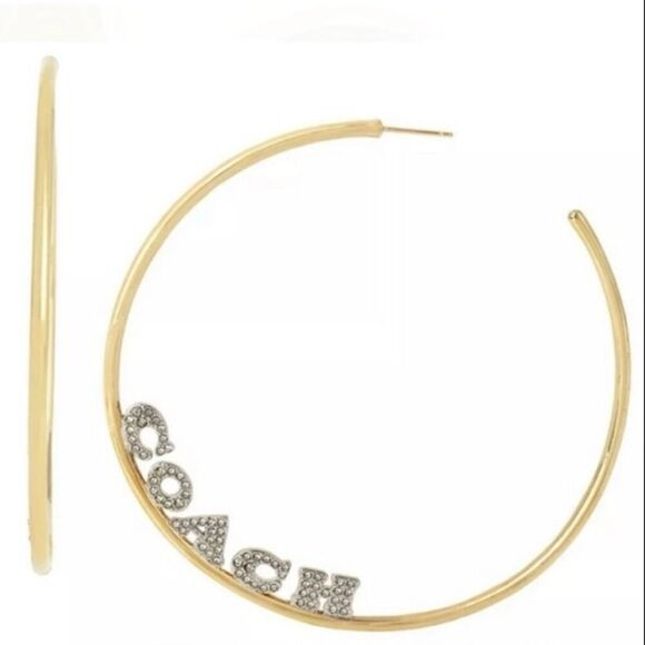 NWT Coach Signature Gold Big 3”Gold Polished Shinny Round Hoop Monogram Earrings - Picture 5 of 12